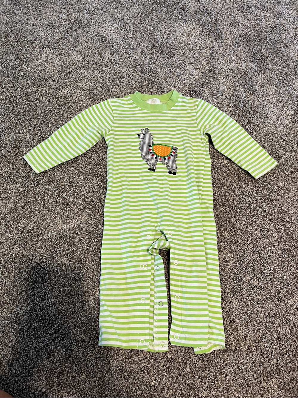 Green & White Striped Baby Onesie with Llama Applique